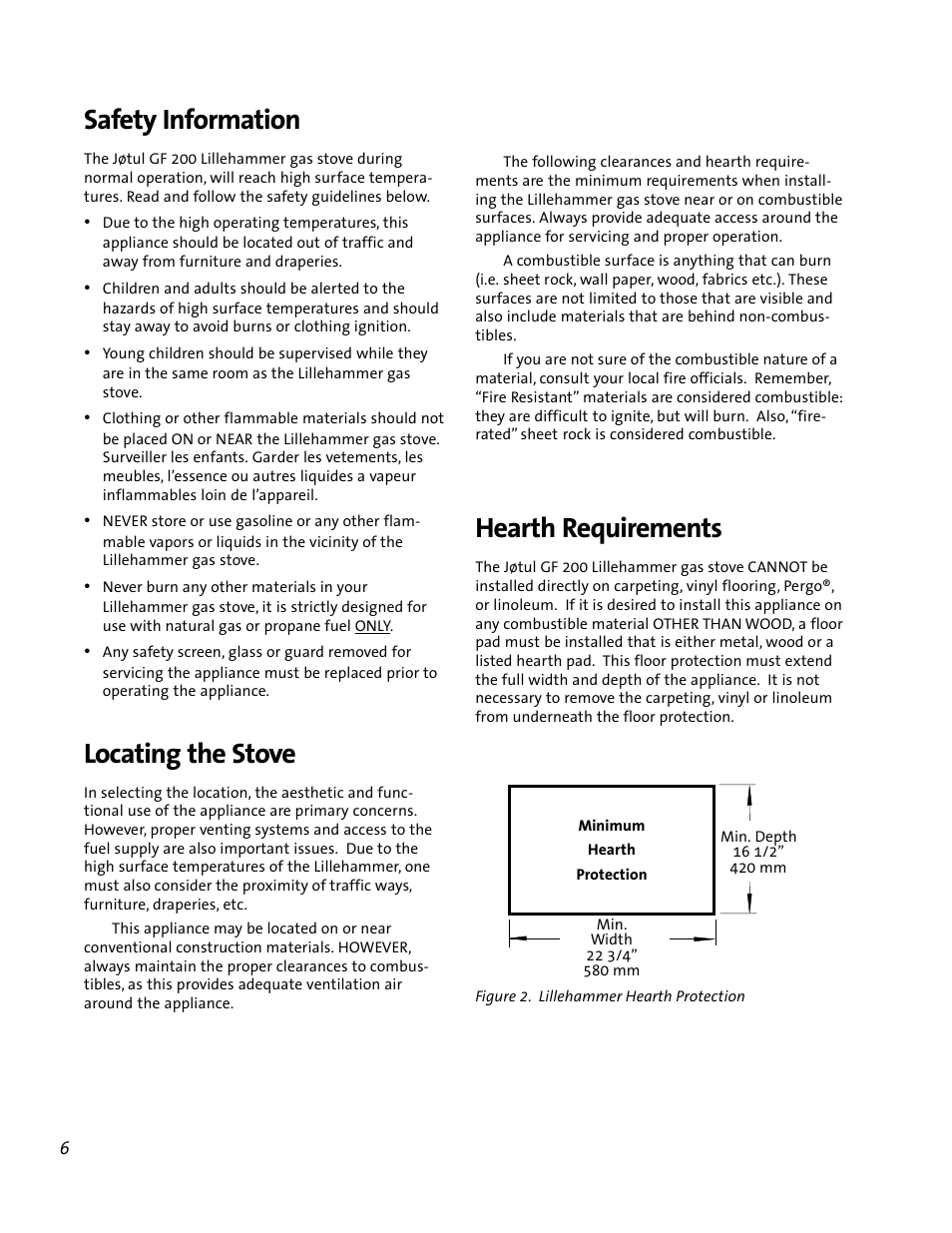 Locating the stove, Hearth requirements, Safety information | Jotul GF 200 DV User Manual | Page 6 / 28