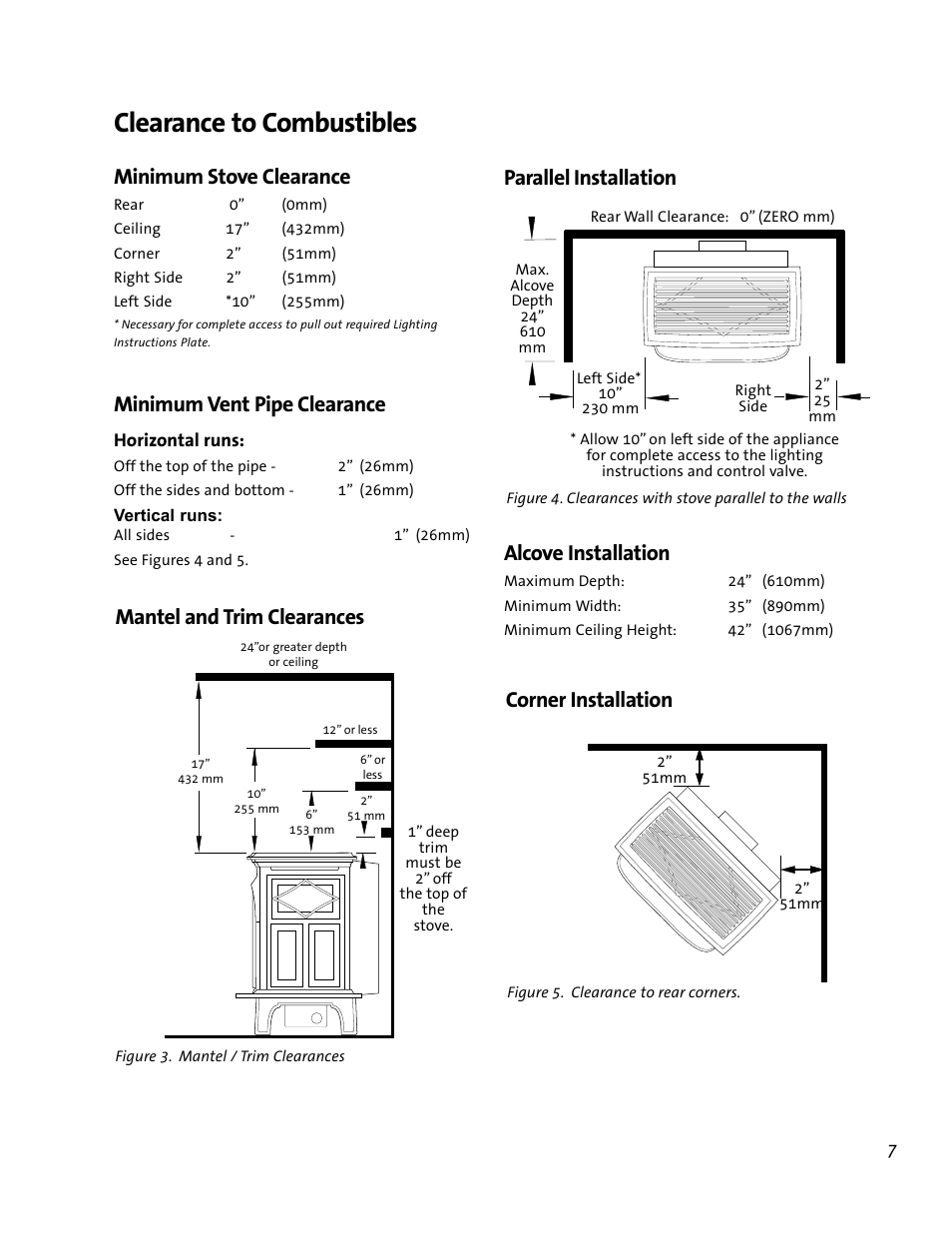 Clearance to combustibles, Minimum stove clearance, Minimum vent pipe clearance | Jotul GF 200 DV User Manual | Page 7 / 28