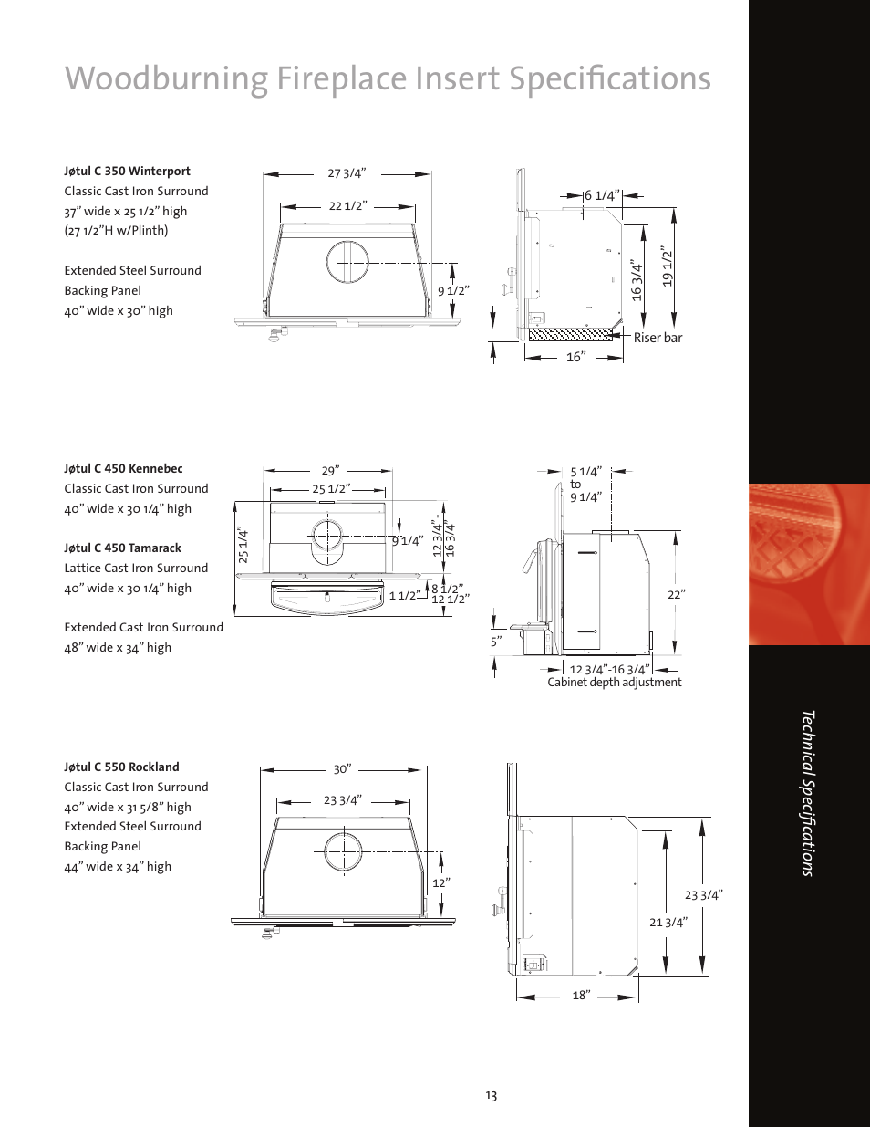 Woodburning fireplace insert specifications, Technical specifica tions | Jotul Wood Insert User Manual | Page 13 / 16