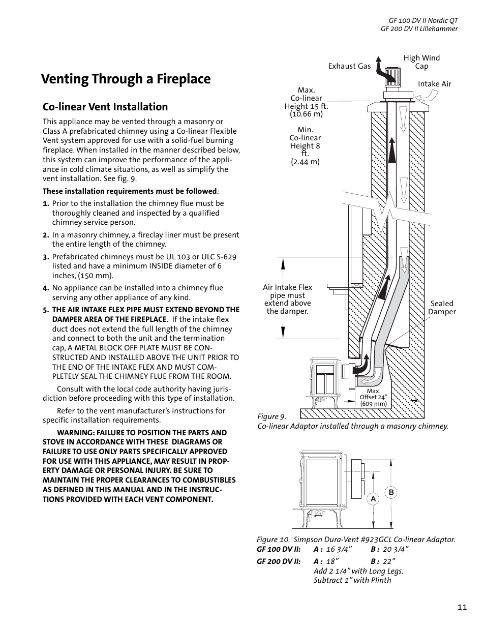 Venting through a fireplace, Co-linear vent installation | Jotul GF 100 DV II User Manual | Page 11 / 32