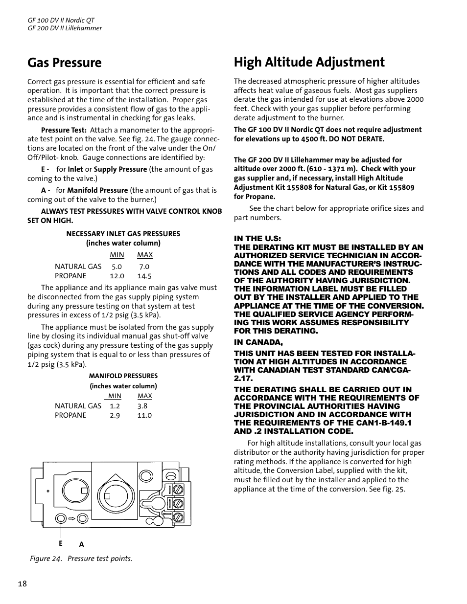 Gas pressure, High altitude adjustment | Jotul GF 100 DV II User Manual | Page 18 / 32