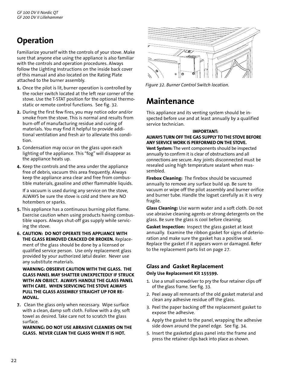 Maintenance, Operation | Jotul GF 100 DV II User Manual | Page 22 / 32
