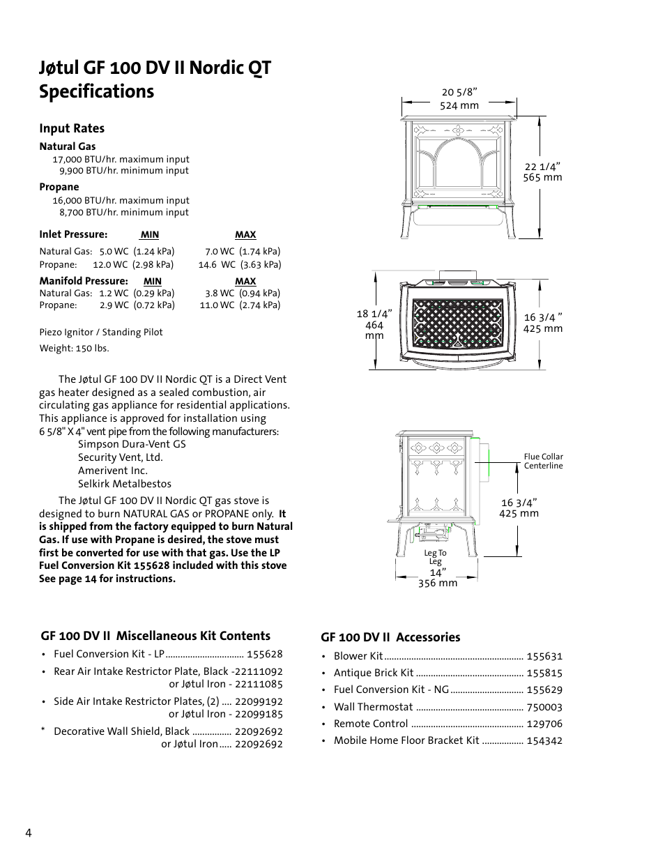 Jøtul gf 100 dv ii nordic qt specifications | Jotul GF 100 DV II User Manual | Page 4 / 32