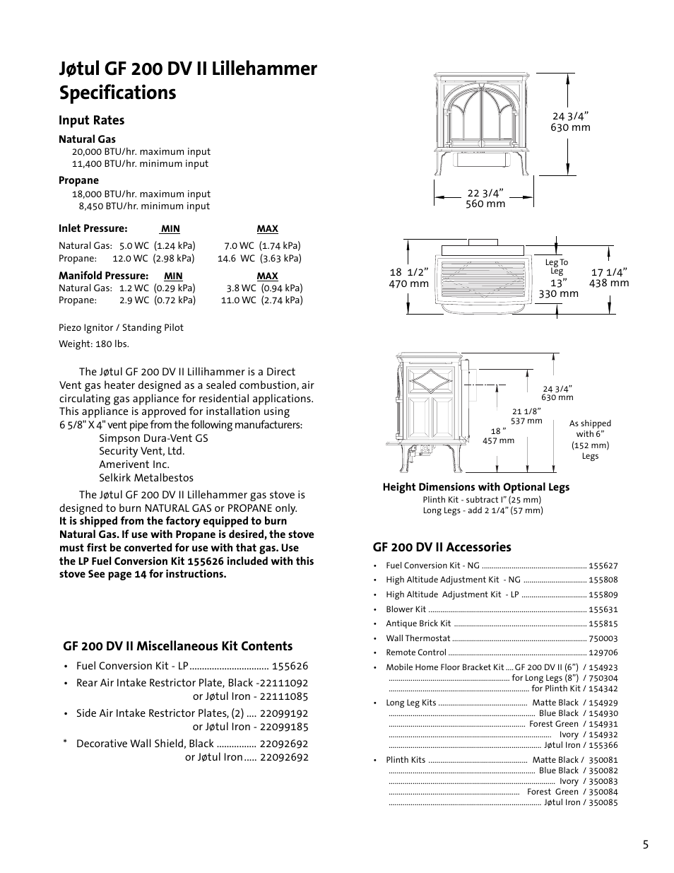 Jøtul gf 200 dv ii lillehammer specifications, Gf 200 dv ii accessories, Input rates | Gf 200 dv ii miscellaneous kit contents | Jotul GF 100 DV II User Manual | Page 5 / 32