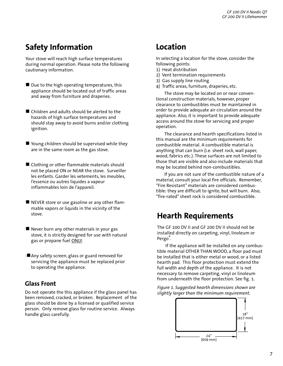 Location, Hearth requirements, Safety information | Glass front | Jotul GF 100 DV II User Manual | Page 7 / 32