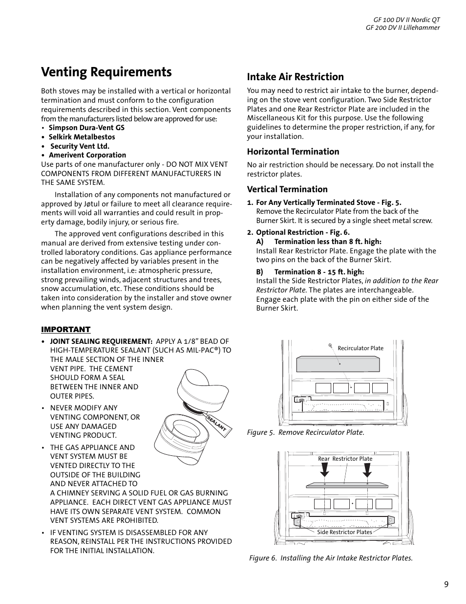 Venting requirements, Intake air restriction | Jotul GF 100 DV II User Manual | Page 9 / 32