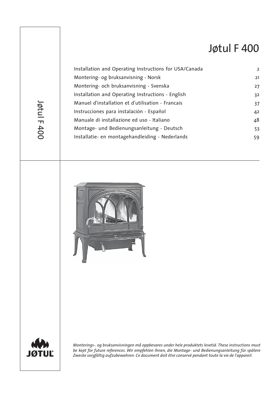 Jotul Woodstove F 400 User Manual | 68 pages