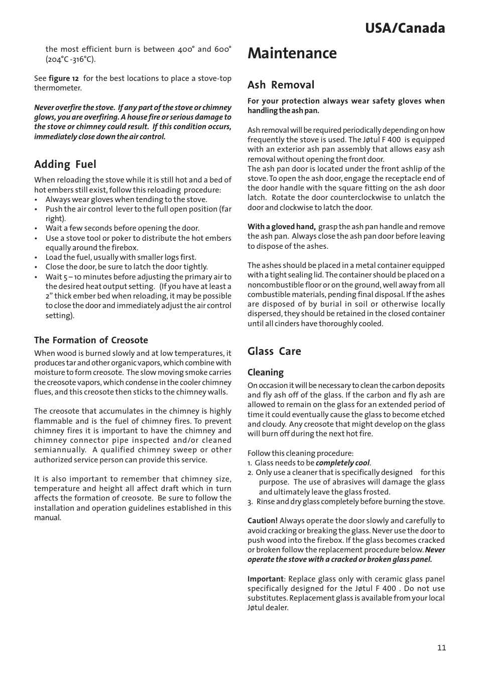 Maintenance, Usa/canada, Adding fuel | Ash removal, Glass care | Jotul Woodstove F 400 User Manual | Page 11 / 68
