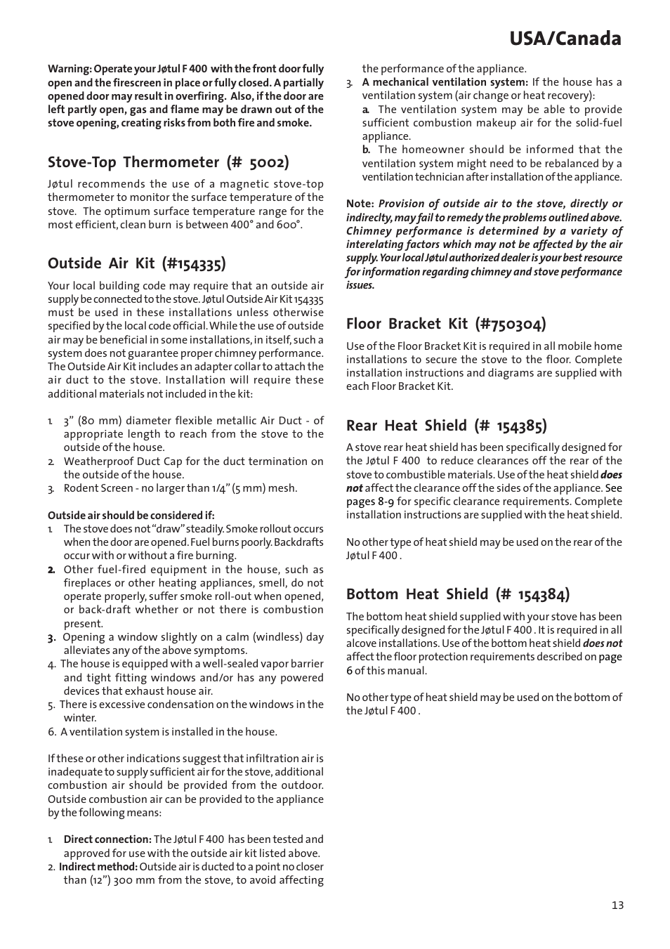 Usa/canada, Stove-top thermometer (# 5002) | Jotul Woodstove F 400 User Manual | Page 13 / 68