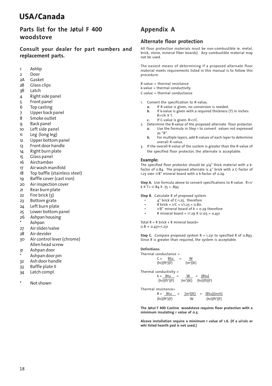 Usa/canada, Parts list for the jøtul f 400 woodstove, Appendix a | Alternate floor protection | Jotul Woodstove F 400 User Manual | Page 18 / 68