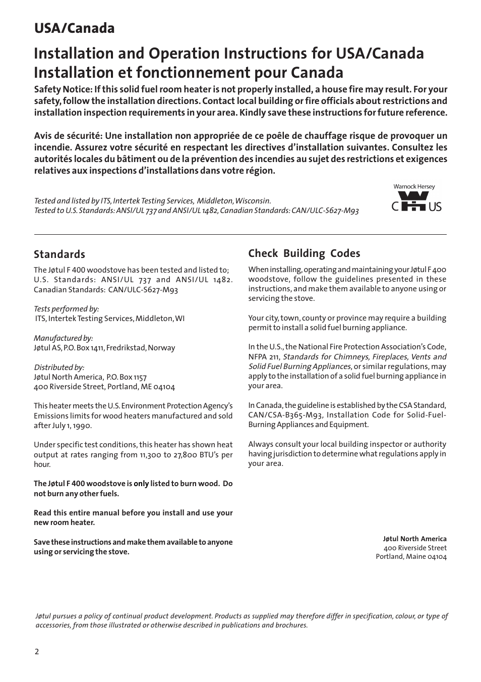 Usa/canada, Standards, Check building codes | Jotul Woodstove F 400 User Manual | Page 2 / 68
