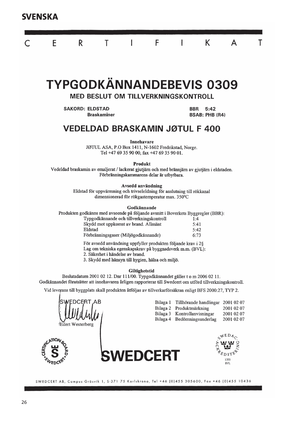 Svenska | Jotul Woodstove F 400 User Manual | Page 26 / 68