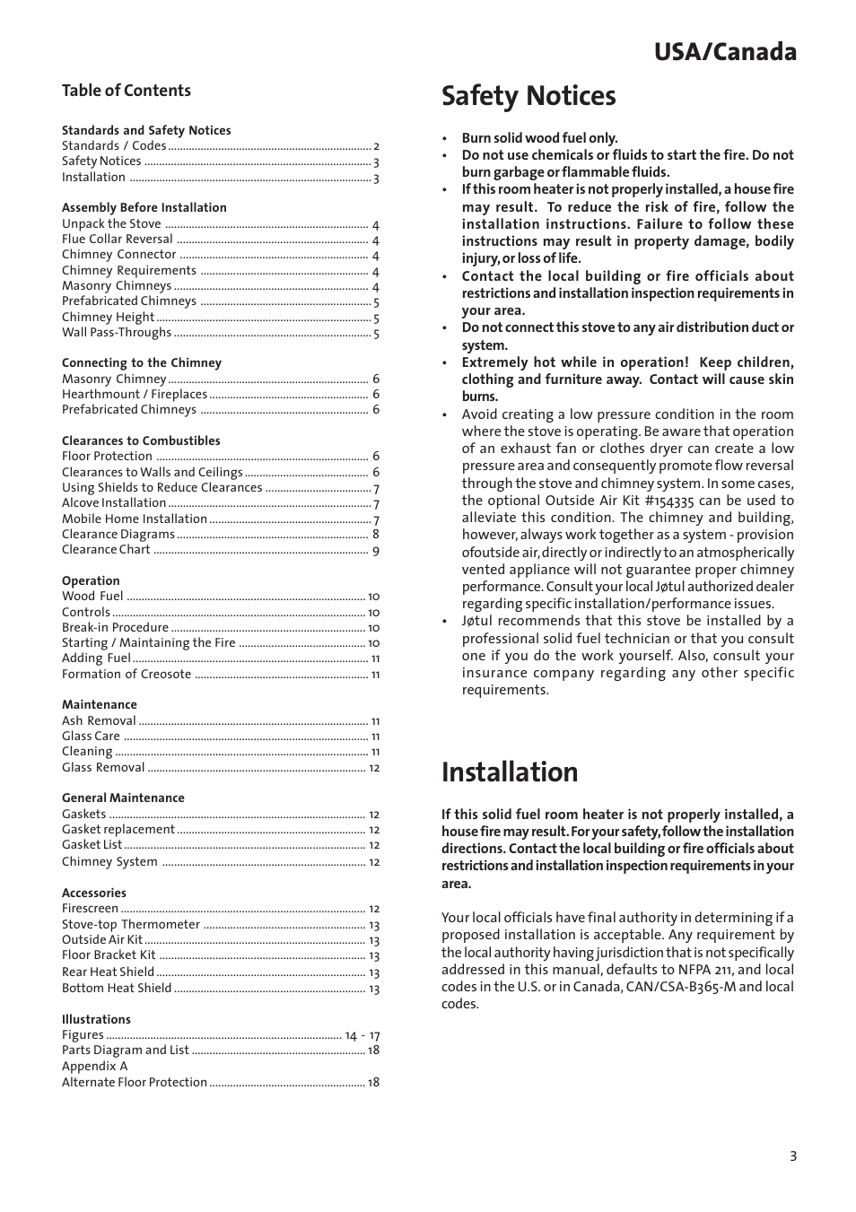 Safety notices, Installation, Usa/canada | Jotul Woodstove F 400 User Manual | Page 3 / 68