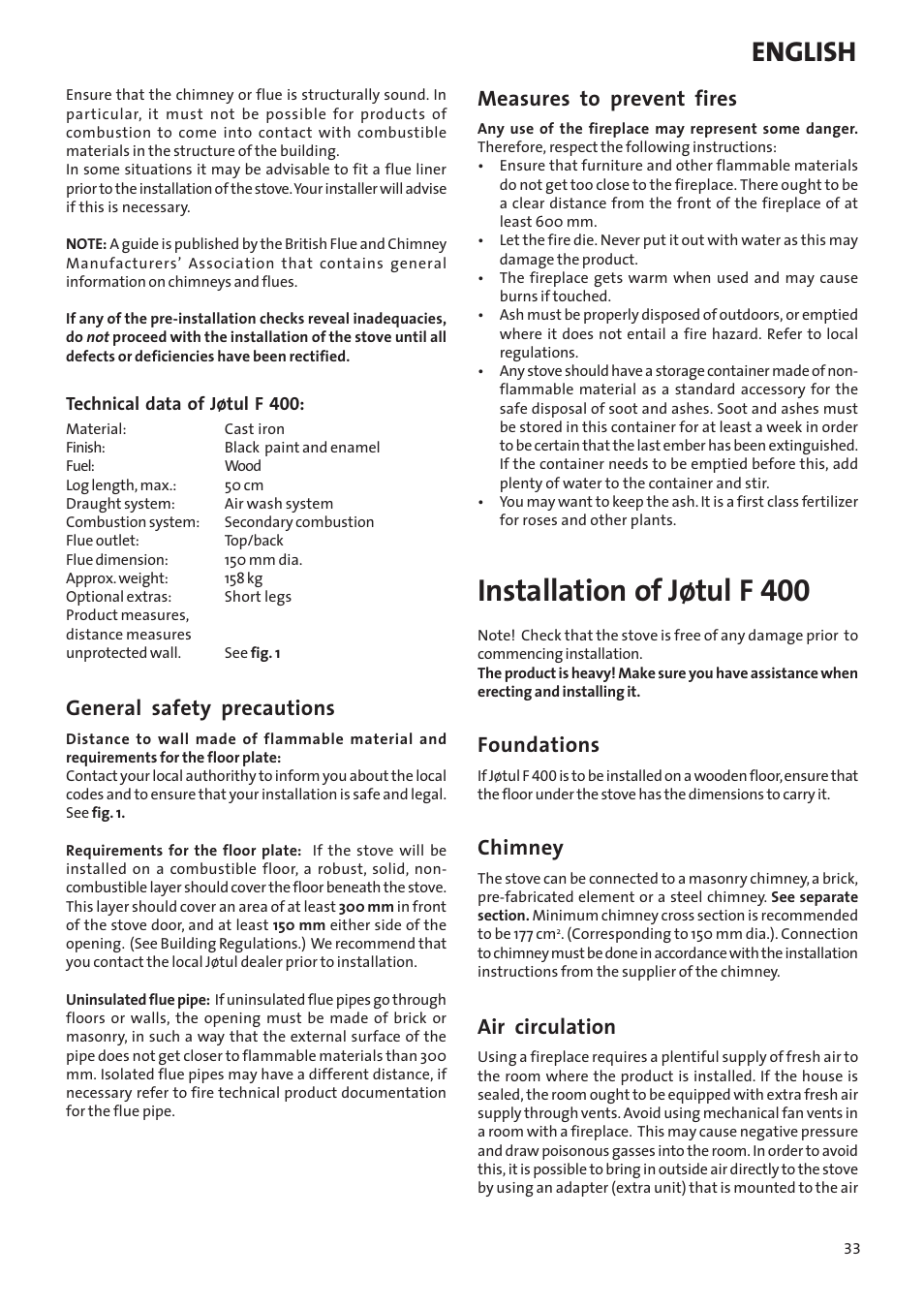 Installation of jøtul f 400, English, General safety precautions | Measures to prevent fires, Foundations, Chimney, Air circulation | Jotul Woodstove F 400 User Manual | Page 33 / 68