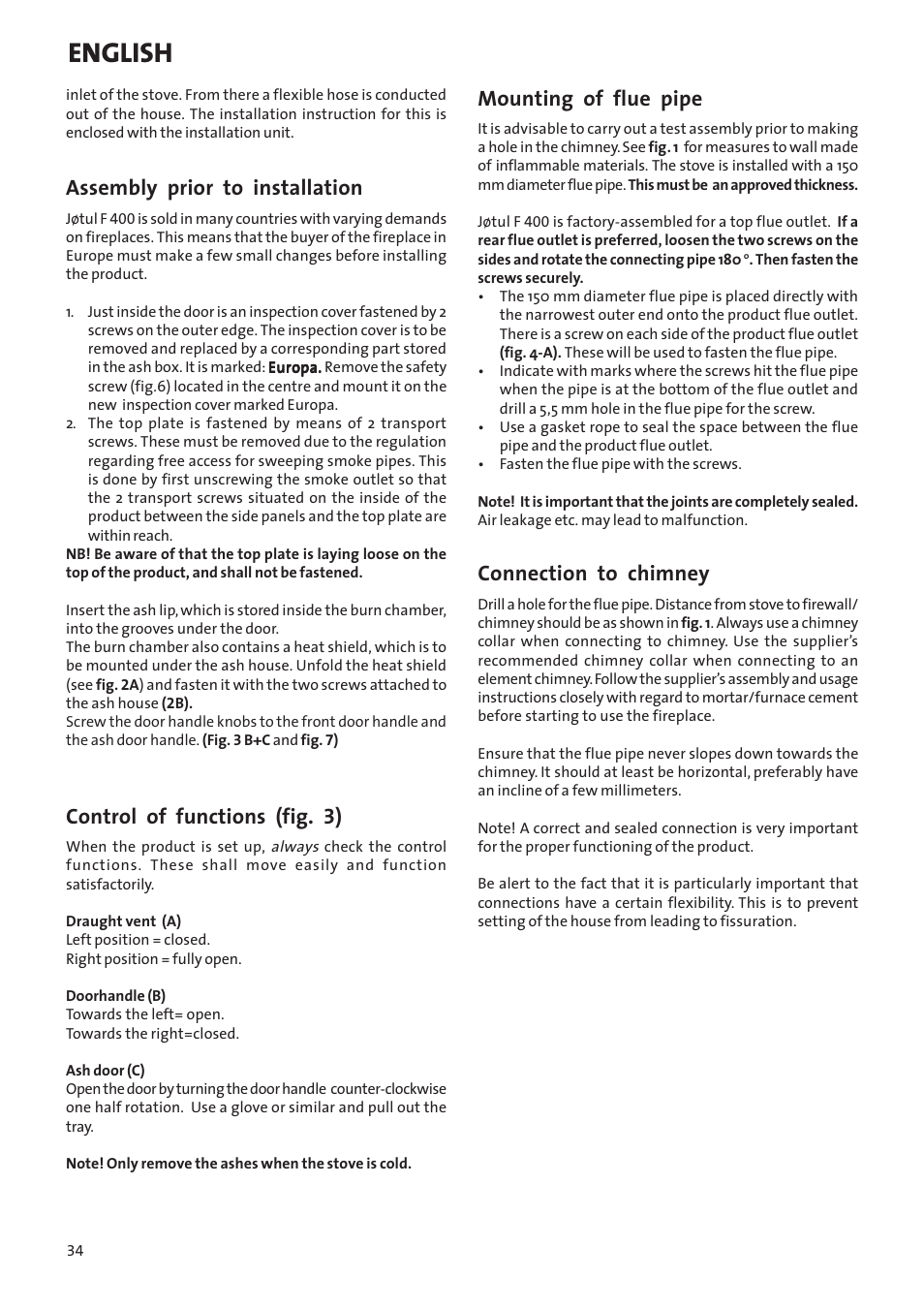 English, Assembly prior to installation, Control of functions (fig. 3) | Mounting of flue pipe, Connection to chimney | Jotul Woodstove F 400 User Manual | Page 34 / 68