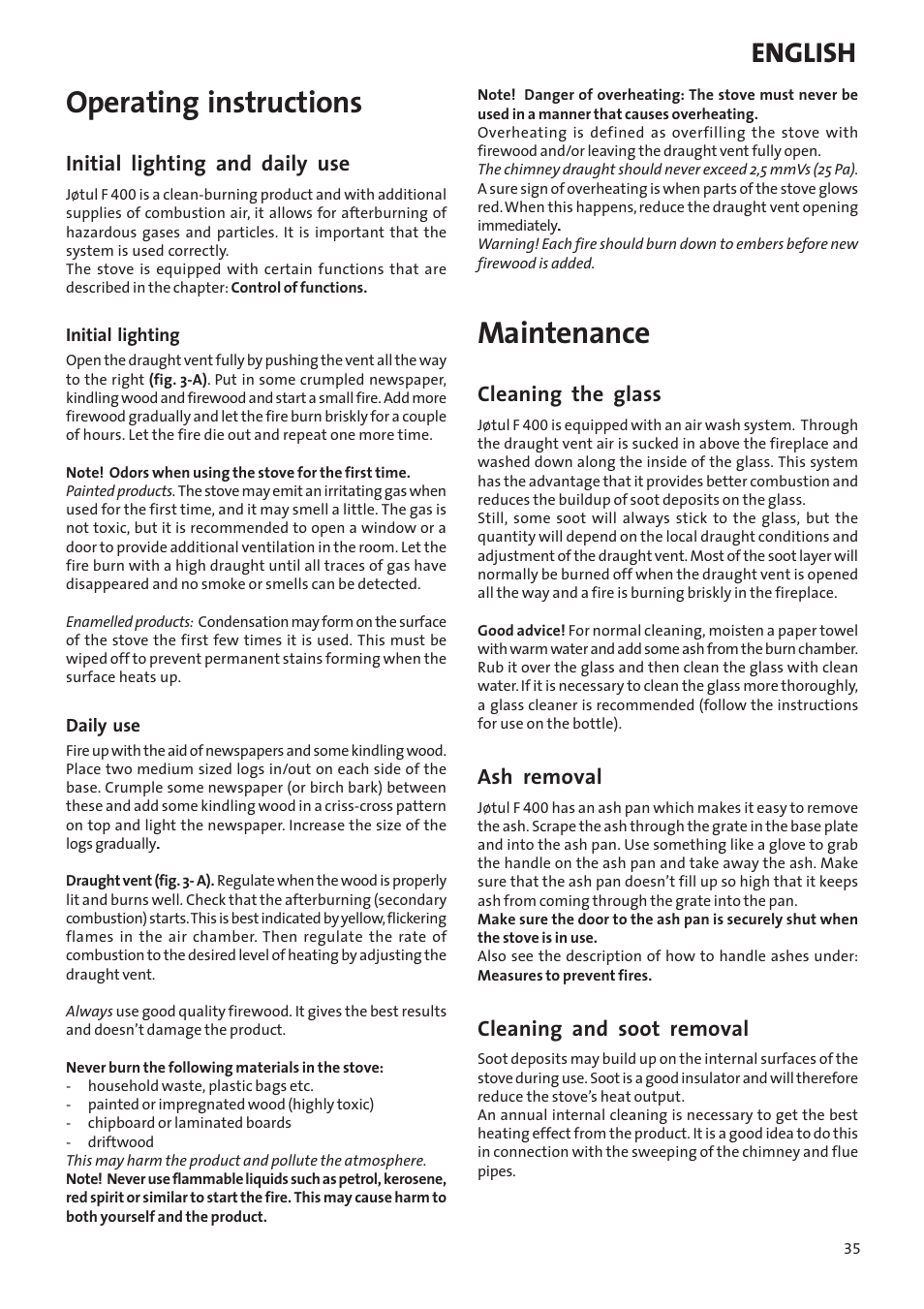 Operating instructions, Maintenance, English | Initial lighting and daily use, Cleaning the glass, Ash removal, Cleaning and soot removal | Jotul Woodstove F 400 User Manual | Page 35 / 68