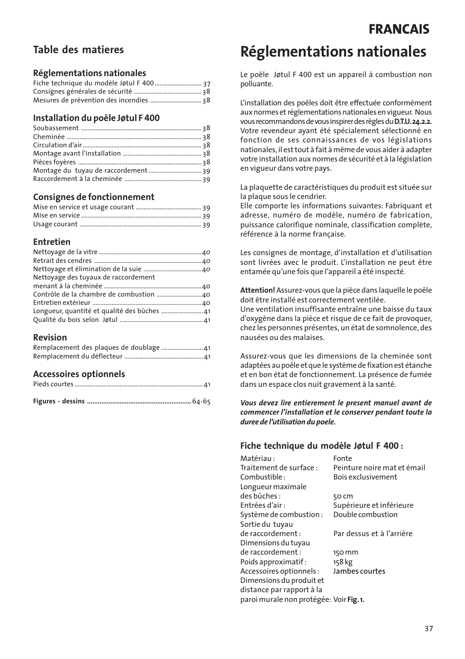 Réglementations nationales, Francais, Table des matieres | Jotul Woodstove F 400 User Manual | Page 37 / 68