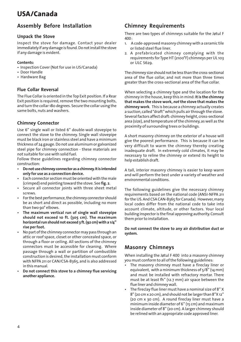 Usa/canada, Assembly before installation, Chimney requirements | Masonry chimneys | Jotul Woodstove F 400 User Manual | Page 4 / 68