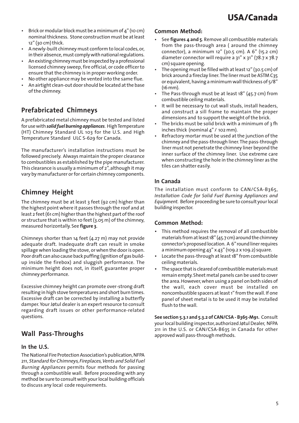 Usa/canada, Prefabricated chimneys, Chimney height | Wall pass-throughs | Jotul Woodstove F 400 User Manual | Page 5 / 68