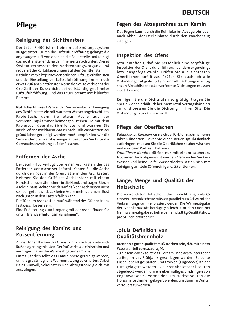 Pflege, Deutsch | Jotul Woodstove F 400 User Manual | Page 57 / 68