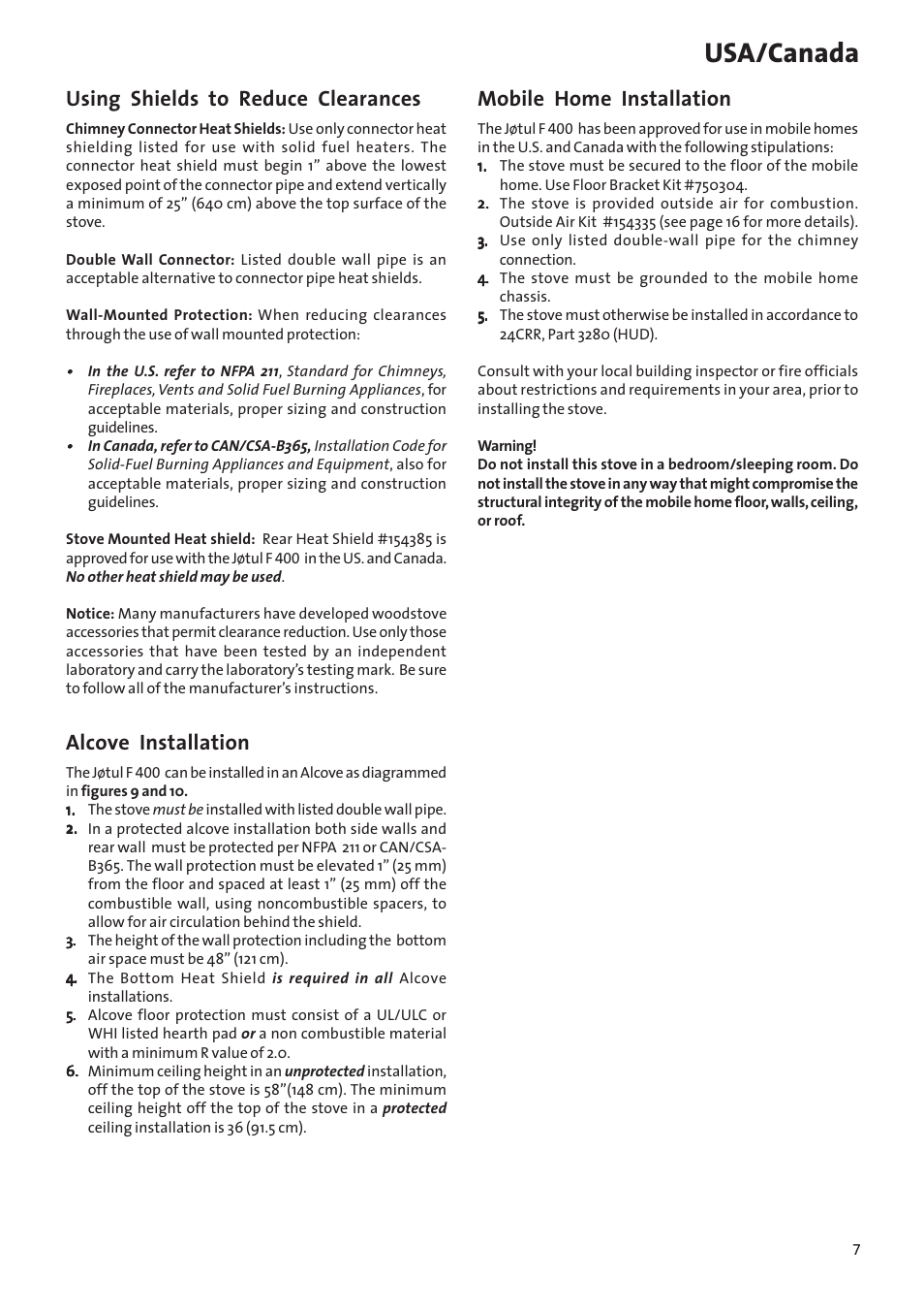 Usa/canada, Using shields to reduce clearances, Alcove installation | Mobile home installation | Jotul Woodstove F 400 User Manual | Page 7 / 68