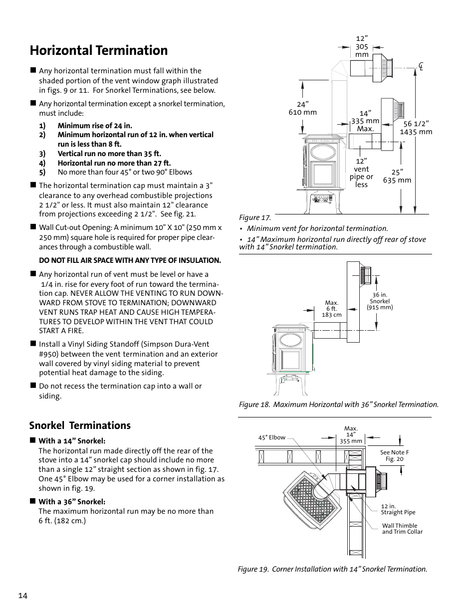 Horizontal termination, Snorkel terminations | Jotul GF300 DV User Manual | Page 14 / 32