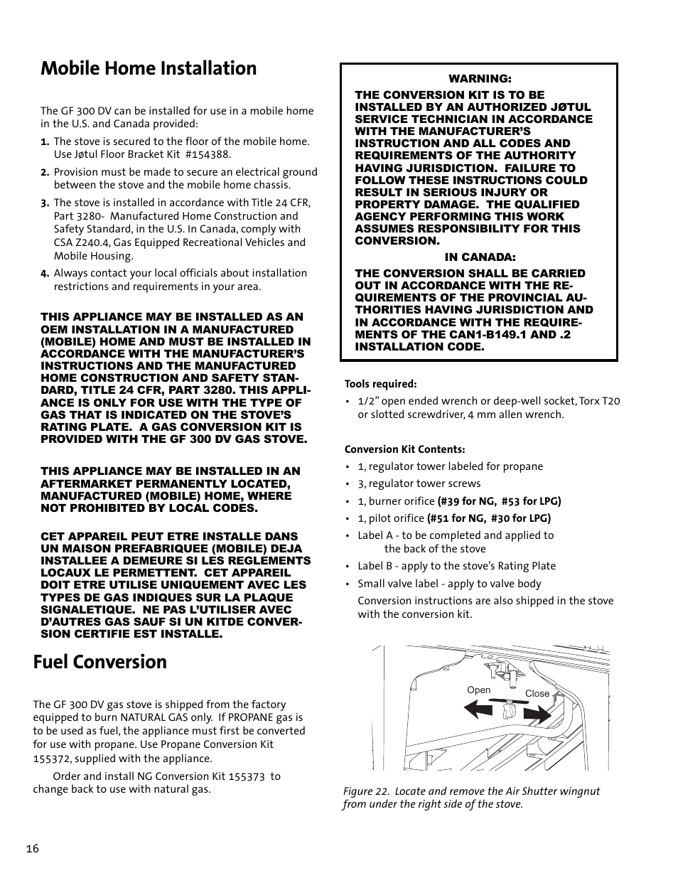 Mobile home installation, Fuel conversion | Jotul GF300 DV User Manual | Page 16 / 32