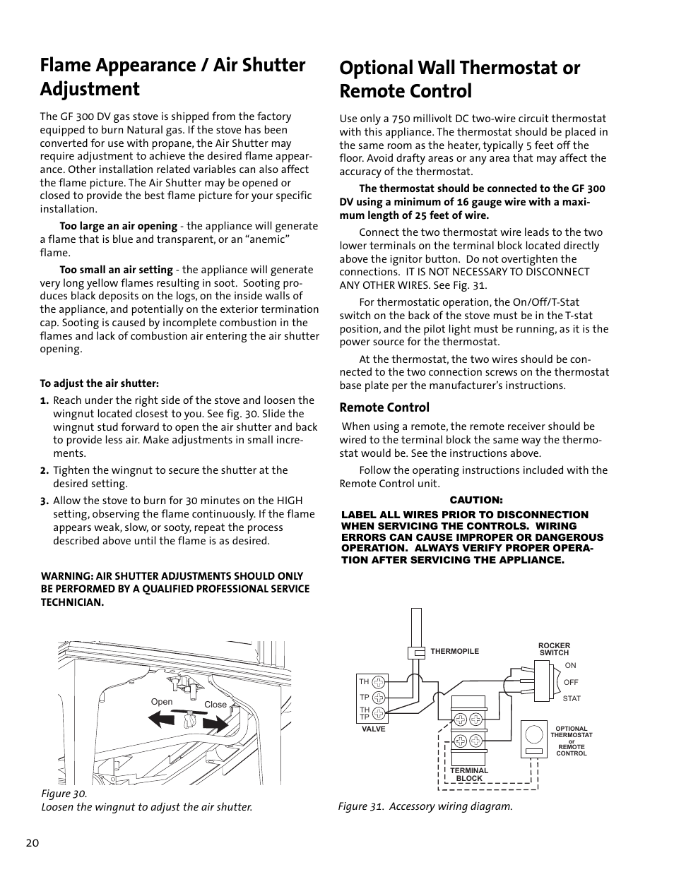 Optional wall thermostat or remote control, Flame appearance / air shutter adjustment, Remote control | Jotul GF300 DV User Manual | Page 20 / 32