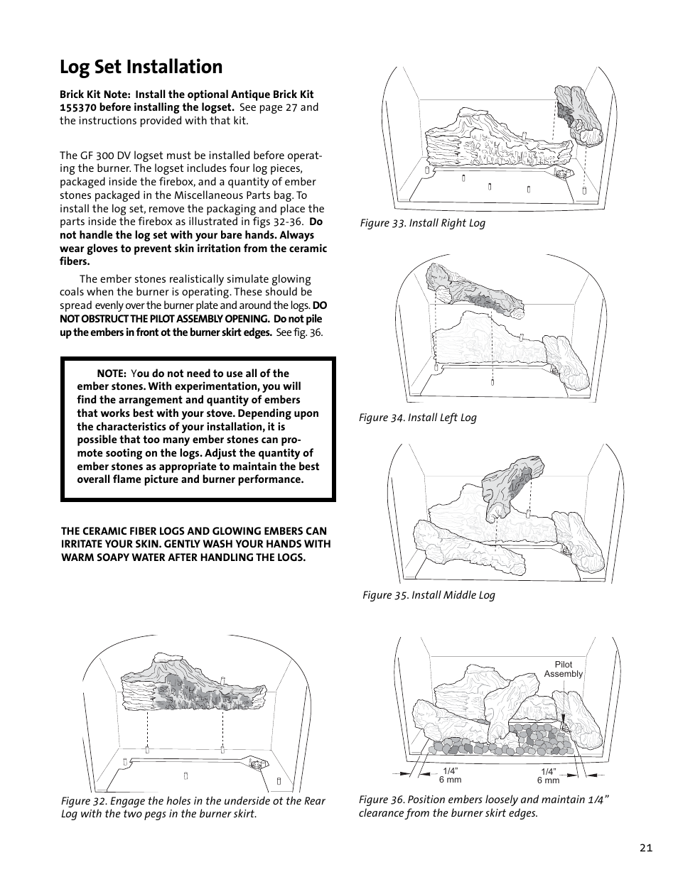 Log set installation | Jotul GF300 DV User Manual | Page 21 / 32