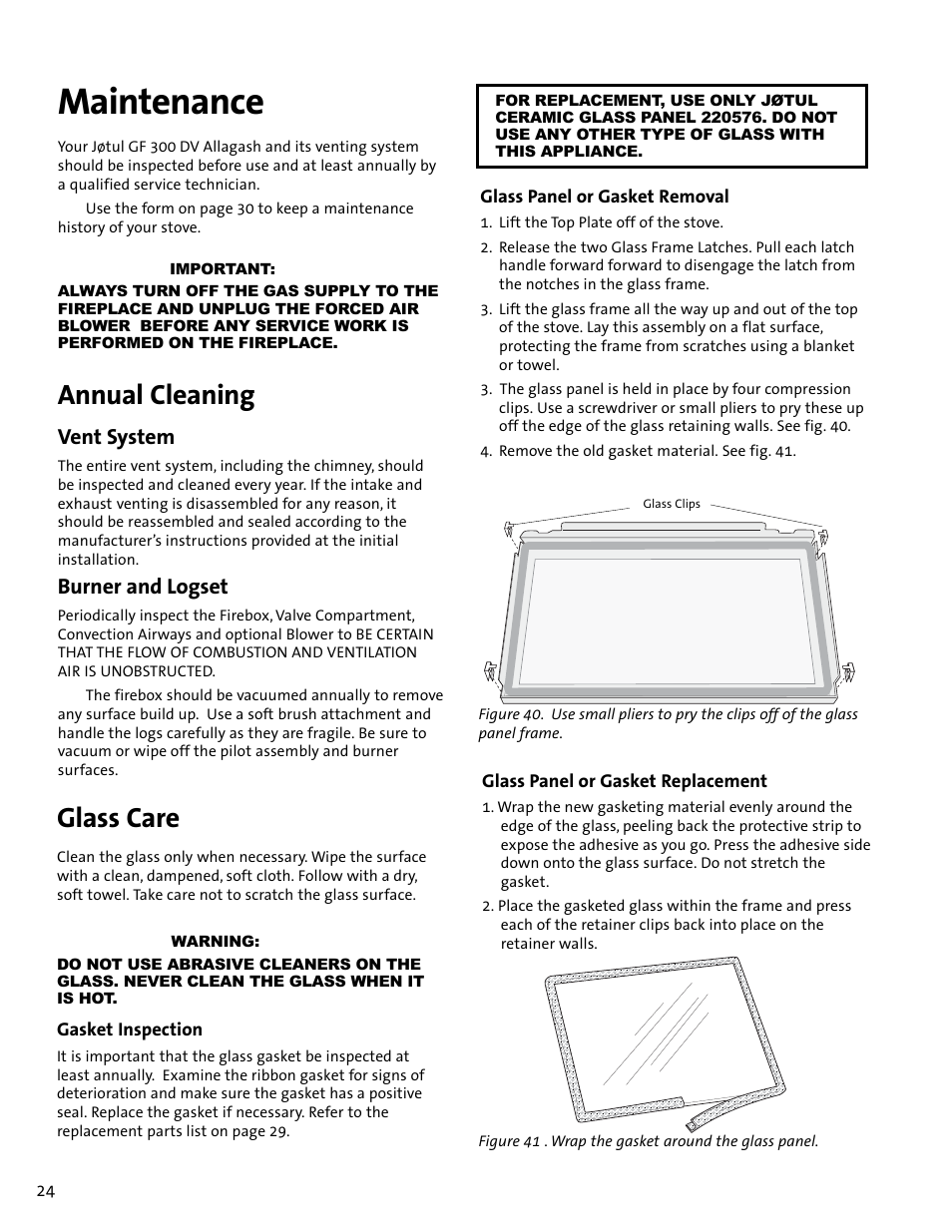 Maintenance, Glass care, Annual cleaning | Vent system, Burner and logset | Jotul GF300 DV User Manual | Page 24 / 32