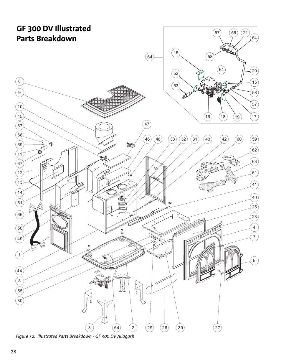 Gf 300 dv illustrated parts breakdown | Jotul GF300 DV User Manual | Page 28 / 32