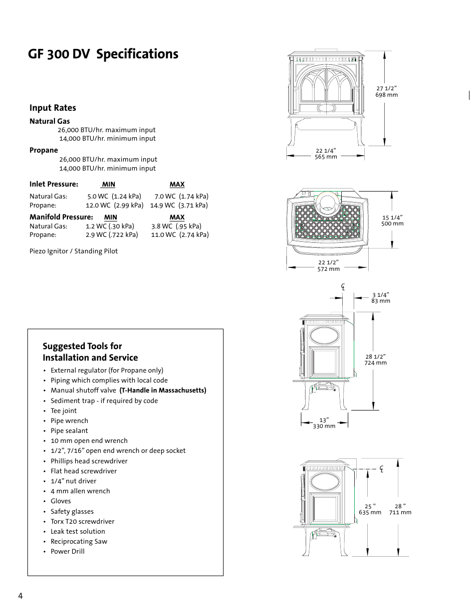 Specifications gf 300 dv specifications, Input rates, Suggested tools for installation and service | Jotul GF300 DV User Manual | Page 4 / 32