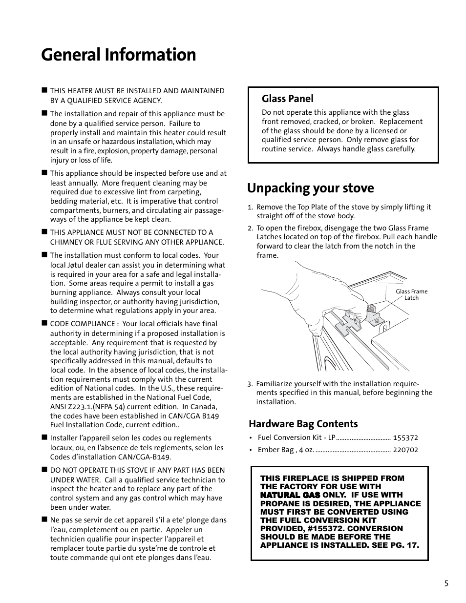 General information, Unpacking your stove, Hardware bag contents | Glass panel | Jotul GF300 DV User Manual | Page 5 / 32