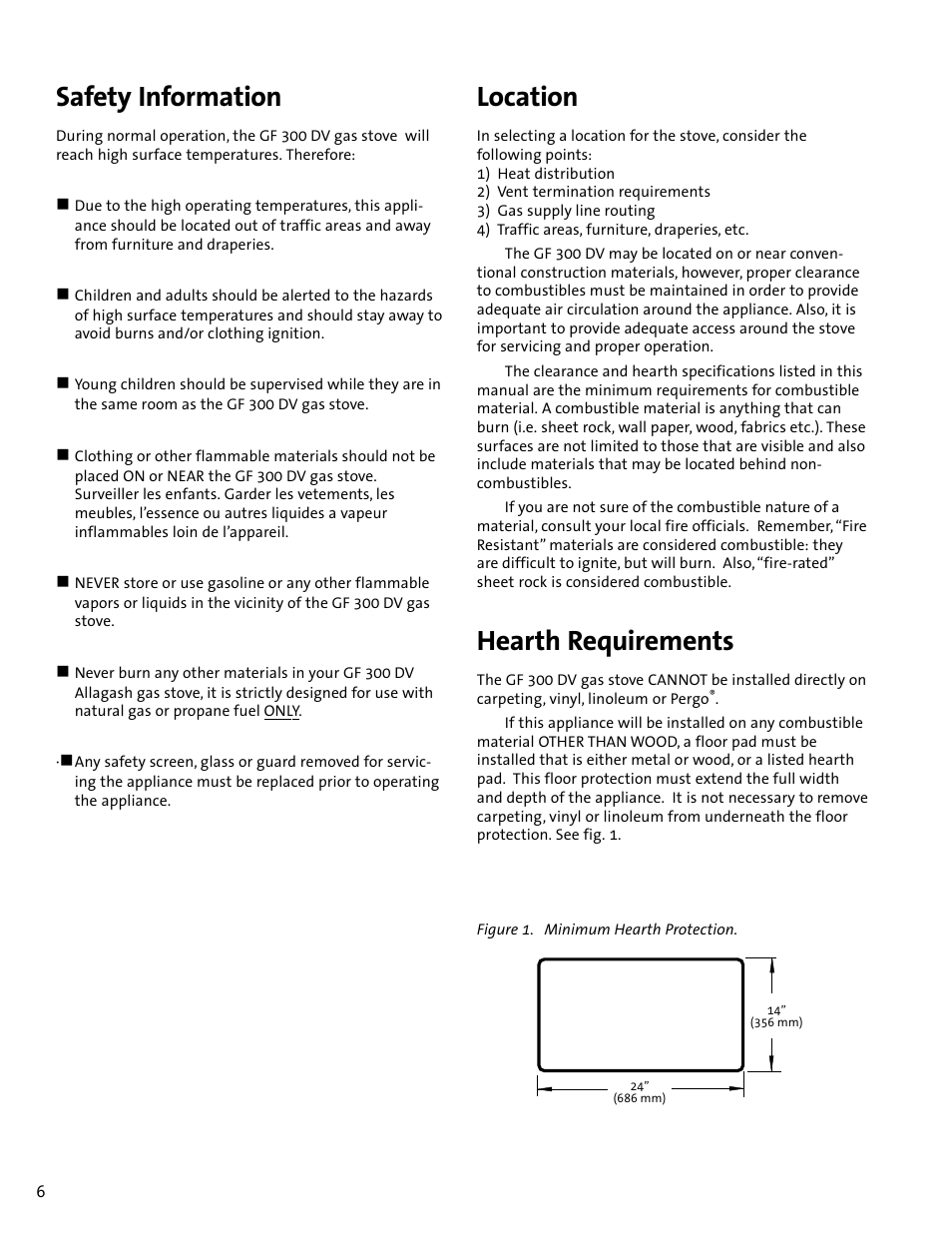 Location, Hearth requirements, Safety information | Jotul GF300 DV User Manual | Page 6 / 32