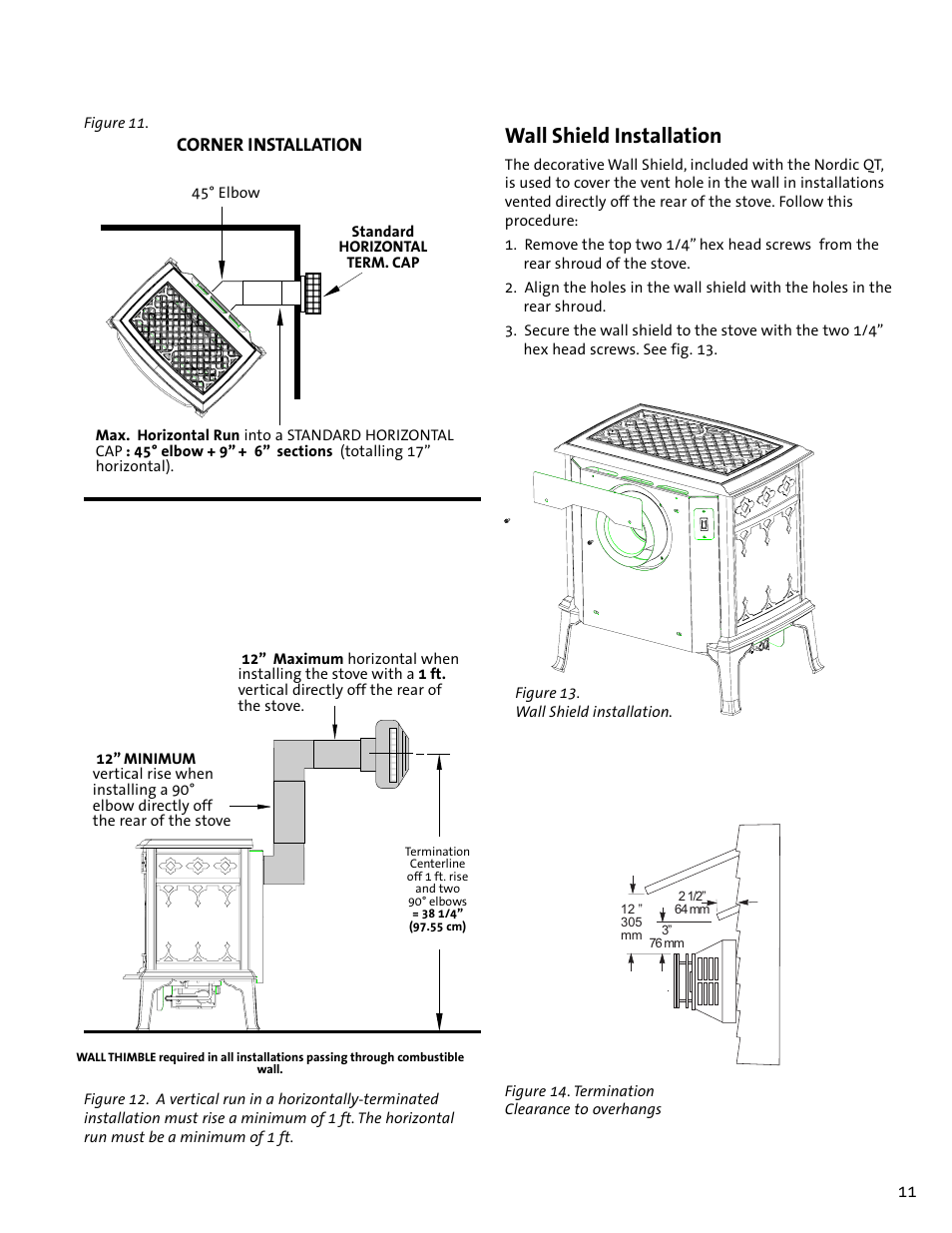 Wall shield installation, Corner installation | Jotul GF100 DV User Manual | Page 11 / 28