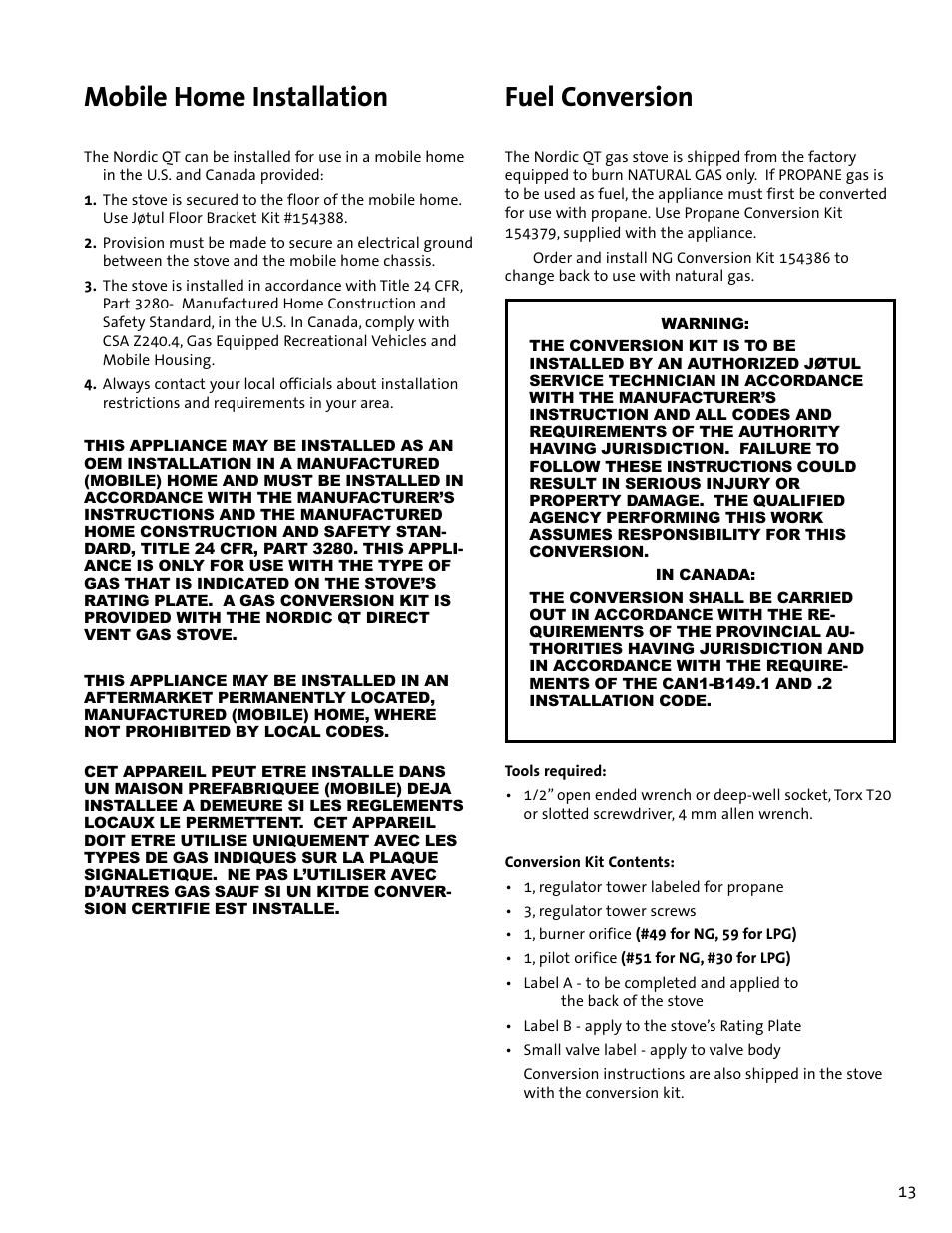 Mobile home installation, Fuel conversion | Jotul GF100 DV User Manual | Page 13 / 28