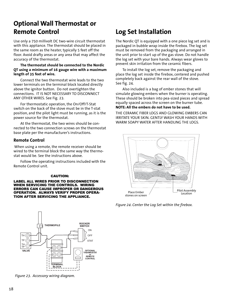 Optional wall thermostat or remote control, Log set installation, Remote control | Jotul GF100 DV User Manual | Page 18 / 28
