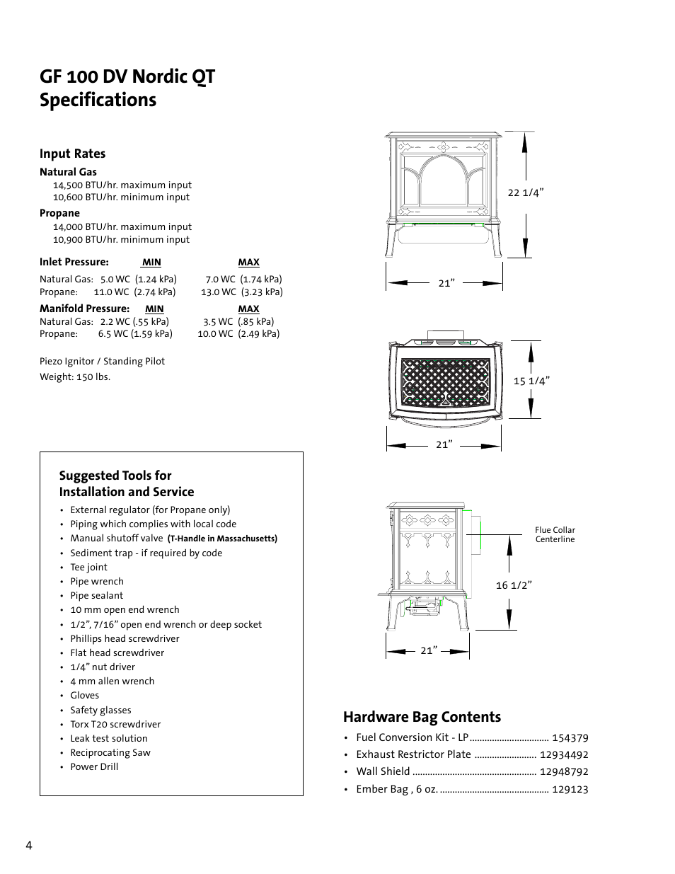 Specifications, Gf 100 dv nordic qt specifications, Hardware bag contents | Jotul GF100 DV User Manual | Page 4 / 28