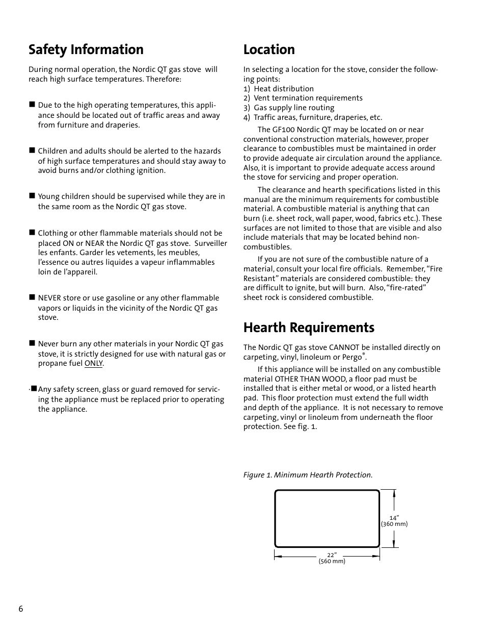 Location, Hearth requirements, Safety information | Jotul GF100 DV User Manual | Page 6 / 28