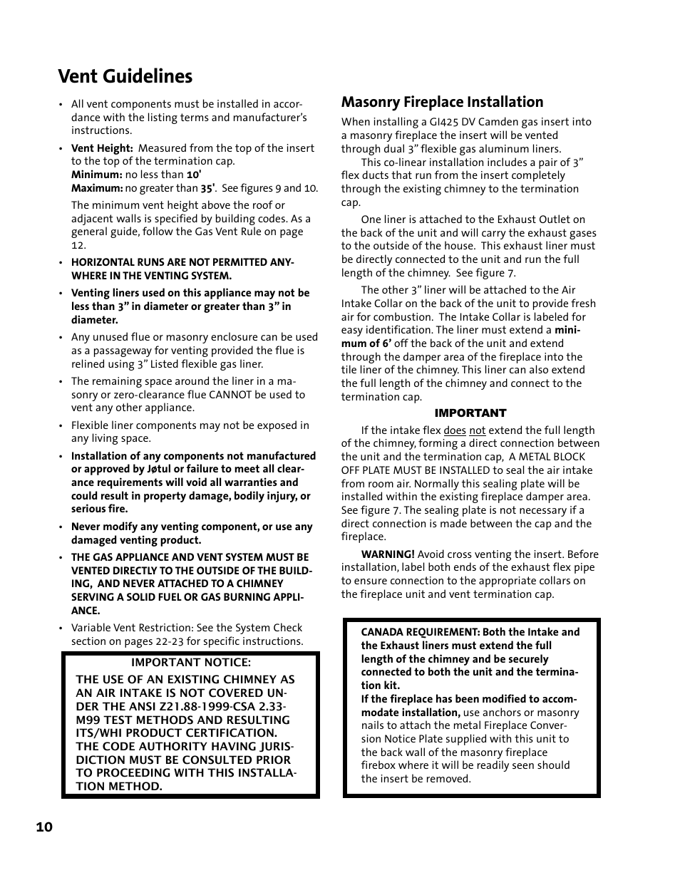 Vent guidelines, 10 masonry fireplace installation | Jotul GI 425 DV User Manual | Page 10 / 32
