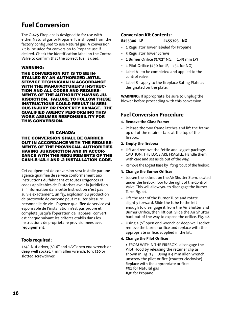 Fuel conversion, Fuel conversion procedure | Jotul GI 425 DV User Manual | Page 16 / 32