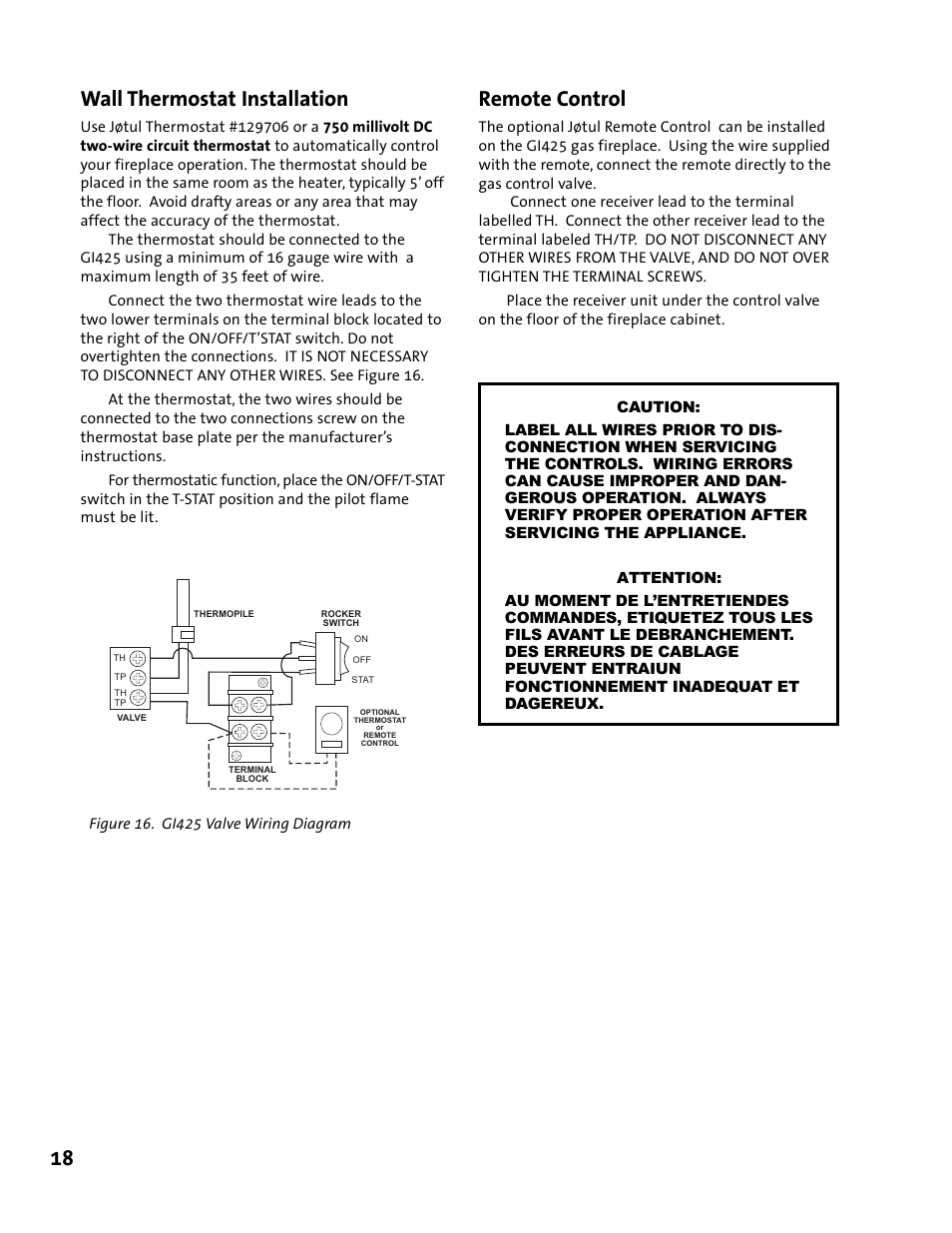 18 wall thermostat installation, Remote control | Jotul GI 425 DV User Manual | Page 18 / 32