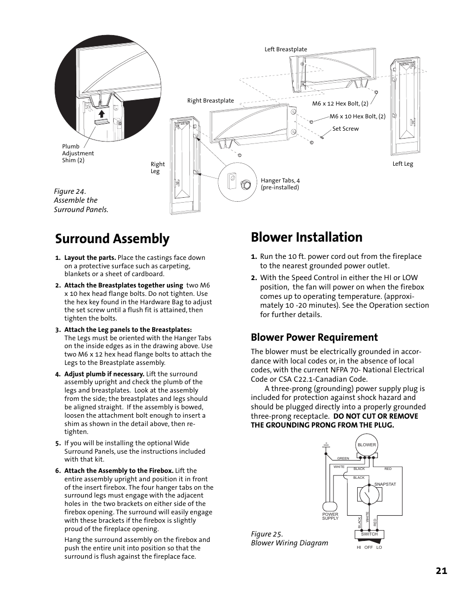 Blower installation, Surround assembly, Blower power requirement | Jotul GI 425 DV User Manual | Page 21 / 32