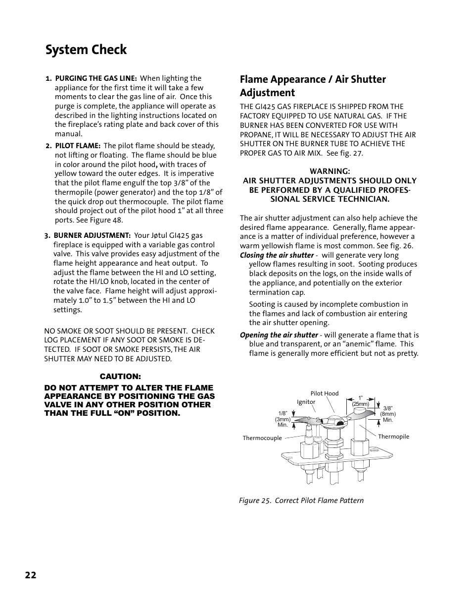 System check, 22 flame appearance / air shutter adjustment | Jotul GI 425 DV User Manual | Page 22 / 32