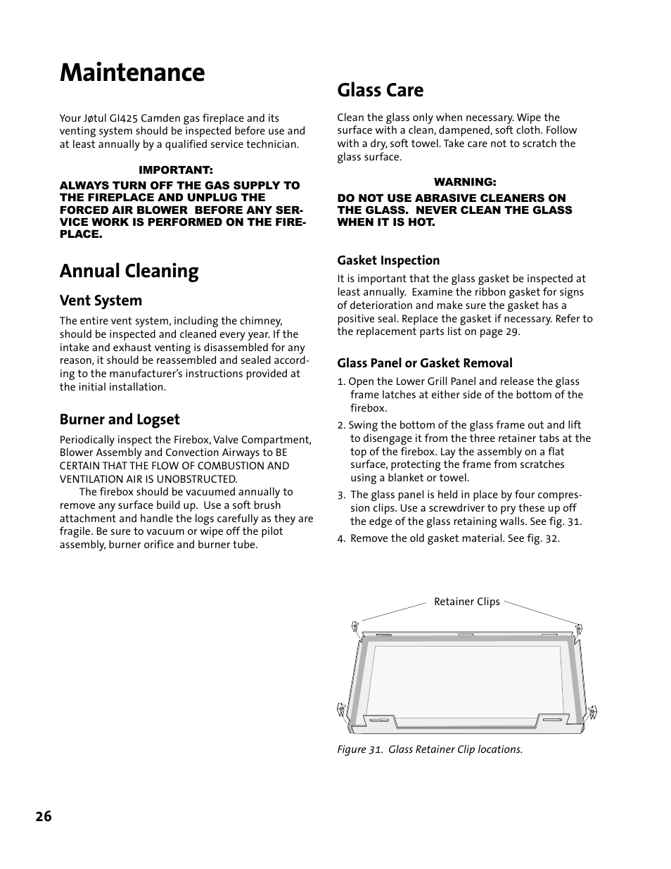 Maintenance, Annual cleaning, Glass care | Vent system, Burner and logset | Jotul GI 425 DV User Manual | Page 26 / 32