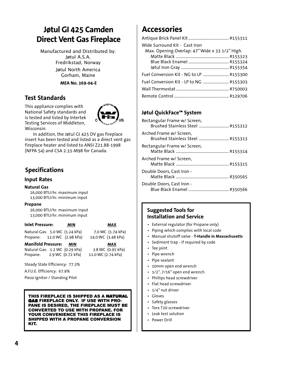 Jøtul gi 425 camden direct vent gas fireplace, Accessories, 4specifications | Test standards | Jotul GI 425 DV User Manual | Page 4 / 32