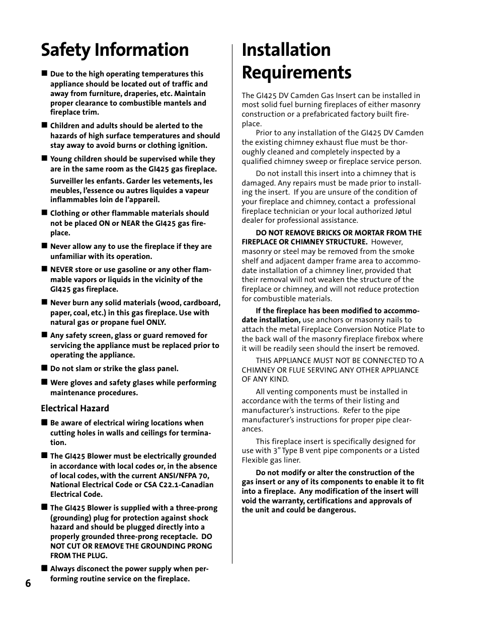 Safety information, Installation requirements | Jotul GI 425 DV User Manual | Page 6 / 32