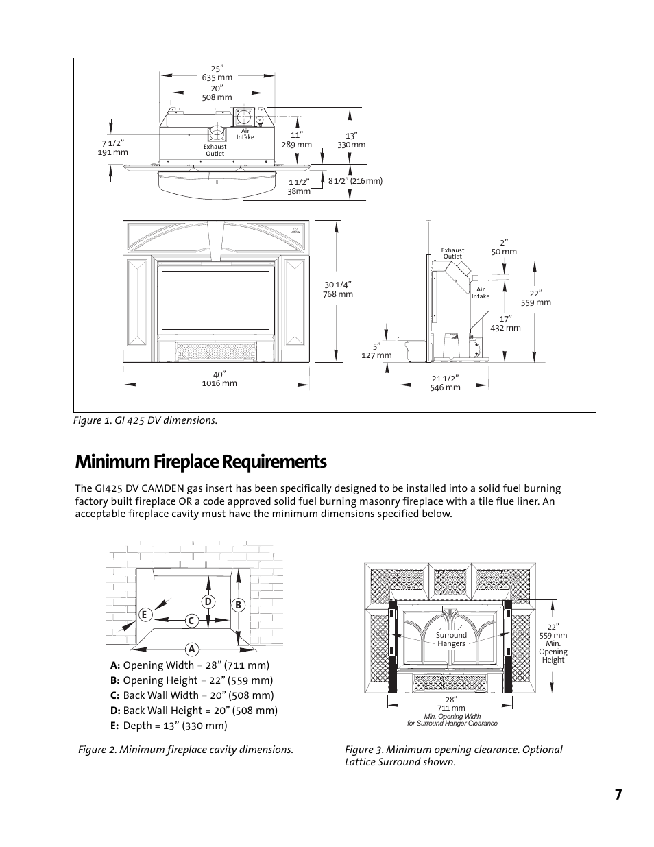 Minimum fireplace requirements | Jotul GI 425 DV User Manual | Page 7 / 32