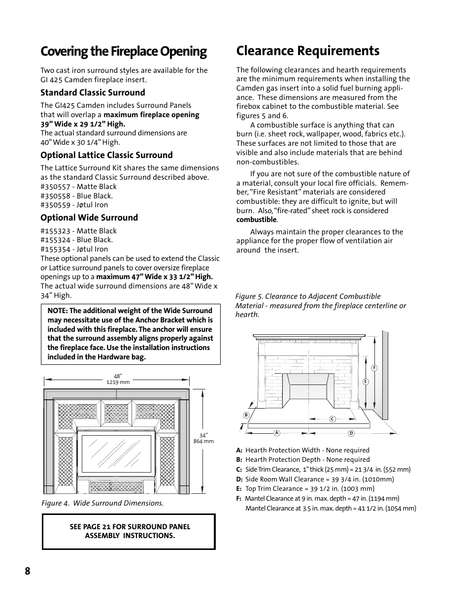 Covering the fireplace opening, Clearance requirements | Jotul GI 425 DV User Manual | Page 8 / 32