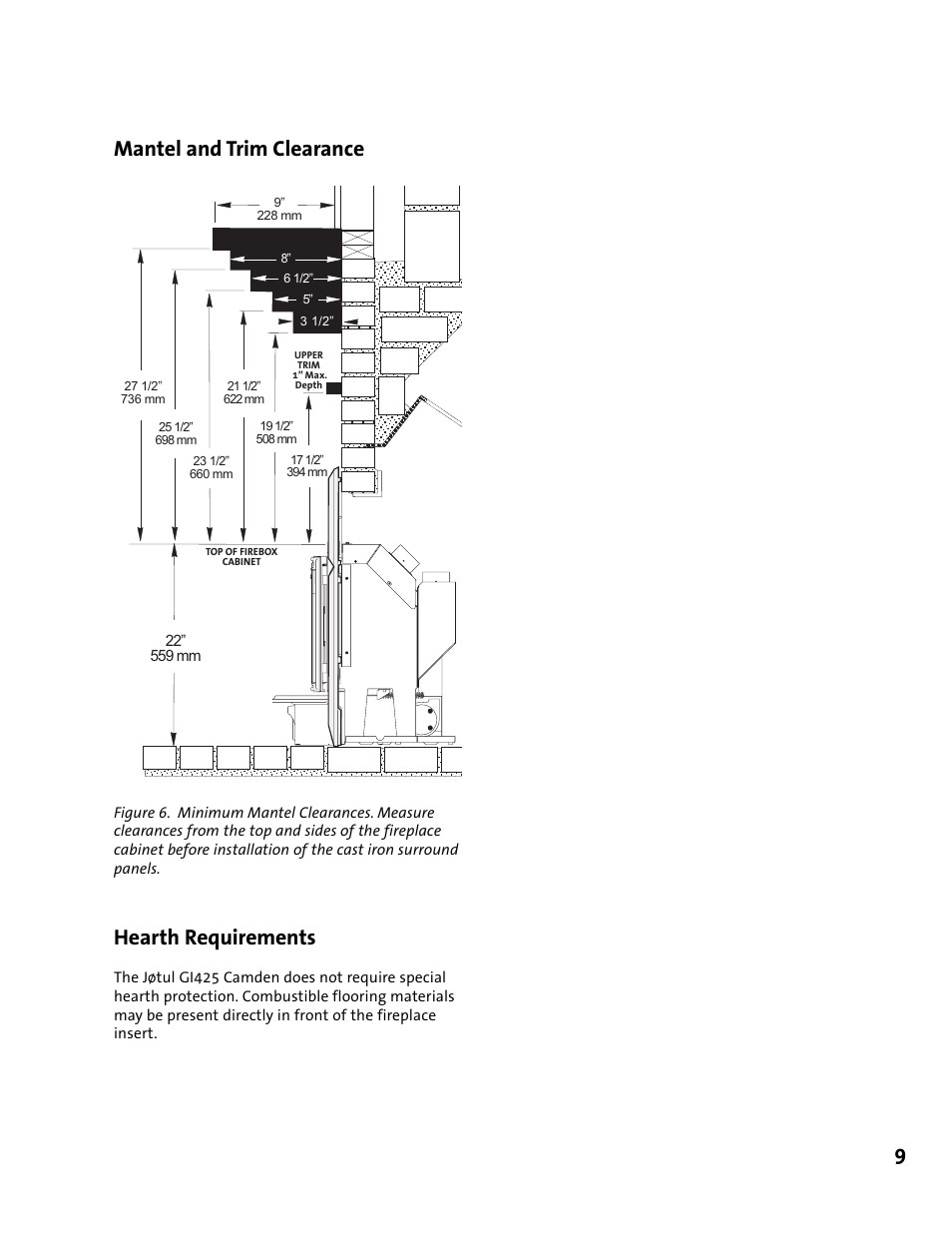 9mantel and trim clearance, Hearth requirements | Jotul GI 425 DV User Manual | Page 9 / 32